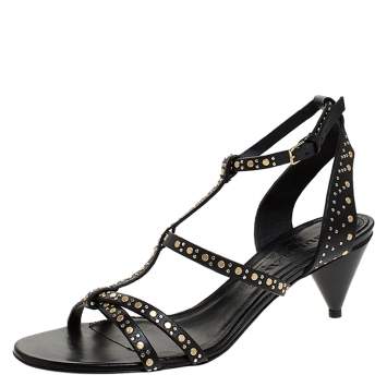 Pre Owned Burberry Black Studded Leather Hansel 55 T Strap Sandals Size 38.5