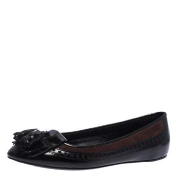 Pre Owned Burberry Black Brogue Leather Tassel Fringe Ballet Flats Size 41