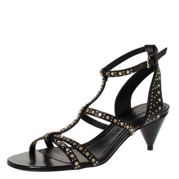Pre Owned Burberry Black Studded Leather Hansel 55 T Strap Sandals Size 37
