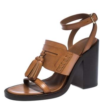 Pre Owned Burberry Cognac Brown Leather Bethany Tassel Detail Block Heel Sandals Size 40