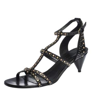Pre Owned Burberry Black Leather Studded Hansel Cone Heel T Strap Sandals Size 40