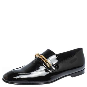 Pre Owned Burberry Black Patent Leather Chillcot Chain Detail Slip On Loafers Size 41