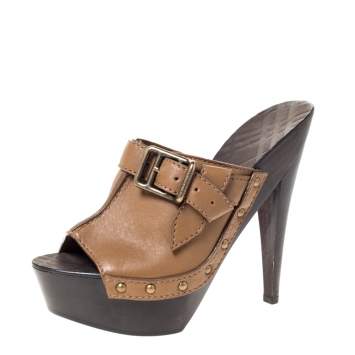Pre Owned Burberry Brown Leather Buckle Detail Platform Open Toe Sandals Size 38