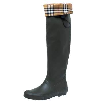 Pre Owned Burberry Military Green Rubber And Vintage Check Fabric Knee High  Rainboots Size 41