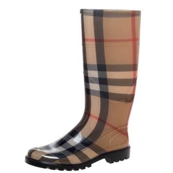 Pre Owned Burberry Brown Nova Check Rubber Rain Boots Size 37