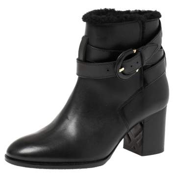 Pre Owned Burberry Black Leather Shearling Ankle Boots Size 36