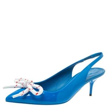 Pre Owned Burberry Blue Patent Leather Bow Fink Slingback Sandals Size 39.5