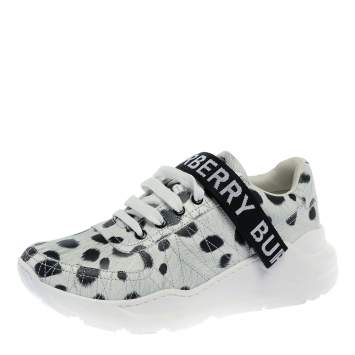 Pre Owned Burberry White/Black Cheetah Print Leather Ronnie Sneakers Size 40