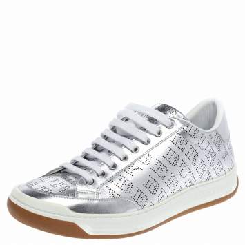 Pre Owned Burberry Silver Perforated Leather Timsbury Low Top Sneakers Size 41