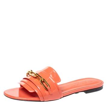 Pre Owned Burberry Coral Orange Patent Leather Coleford Flat Slides Size 37
