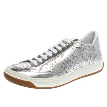 Pre Owned Burberry Silver Perforated Leather Timsbury Low Top Sneakers Size 42