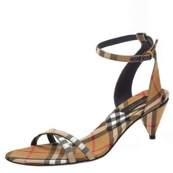 Pre Owned Burberry Beige Novacheck Fabric Hansel Cross Strap Cone Heel Open Toe Sandals Size 39
