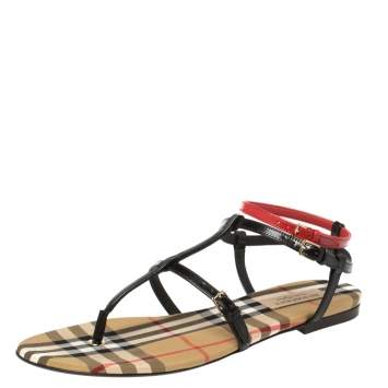 Pre Owned Burberry Black/Beige Nova Check Canvas and Leather Anthea Flats Sandals Size 39