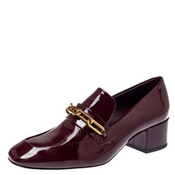 Pre Owned Burberry Burgundy Patent Leather Chain Link Loafers Size 38.5