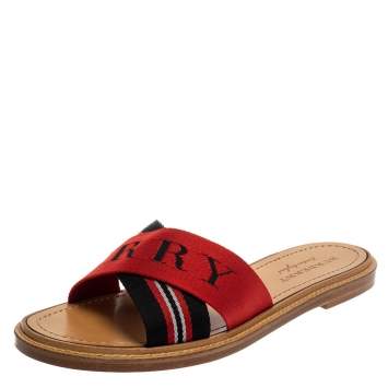 Pre Owned Burberry Red/Black Canvas Foley Logo Stripe Crisscross Slide Sandals Size 40
