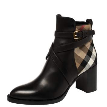Pre Owned Burberry Black/Beige Check Canvas And Strappy Leather House Ankle Boots Size 41