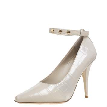 Pre Owned Burberry Teddy Beige Leather Ankle Strap Pumps Size 38
