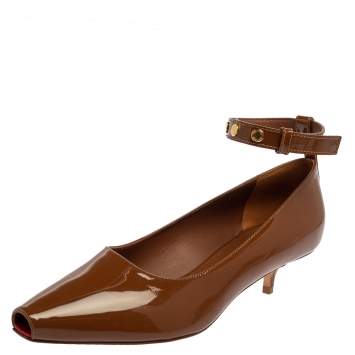 Pre Owned Burberry Brown Patent Leather Dill Kitten Heel Ankle Cuff Pumps Size 38