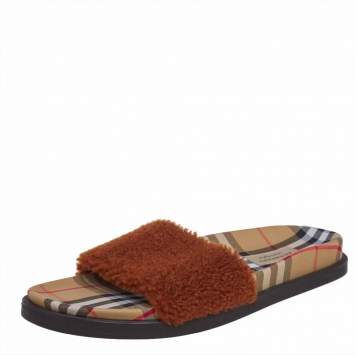 Pre Owned Burberry Brown Shearling Fur And Vintage Check Fabric Kencot Flat Slides Size 41