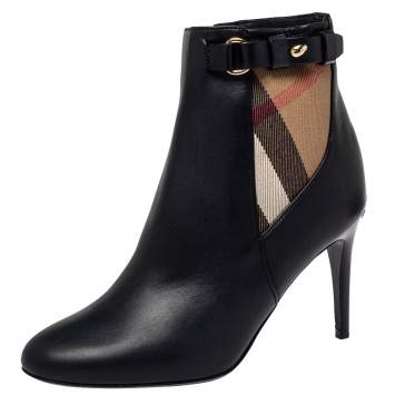 Pre Owned Burberry Black Leather And Nova Check Canvas Ivybridge Boots Size 35