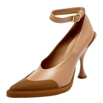 Pre Owned Burberry Brown Leather And Rubber Evan Ankle Strap Pumps Size 37.5
