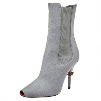 Pre Owned Burberry Grey Canvas And Elastic Fabric Peep Toe Kenzie Ankle Boots Size 39