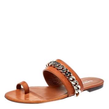 Pre Owned Burberry Brown Leather Heidi Toe Ring Flats Size 37.5