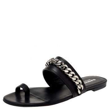 Pre Owned Burberry Black Leather Heidi Toe Ring Flats Size 38.5