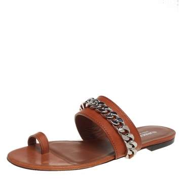 Pre Owned Burberry Brown Leather Heidi Toe Ring Flats Size 37