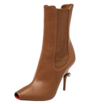 مملوكة مسبقًا Burberry Brown Leather And Elastic Fabric Peep Toe Kenzie Ankle Boots Size 37