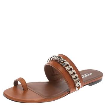 Pre Owned Burberry Brown Leather Heidi Toe Ring Flats Size 39.5
