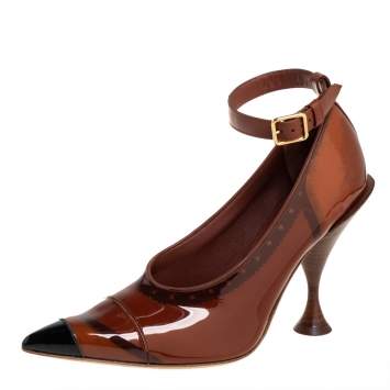 Pre Owned Burberry Brown/Black Patent Leather Brecon Ankle Strap Pumps Size 39