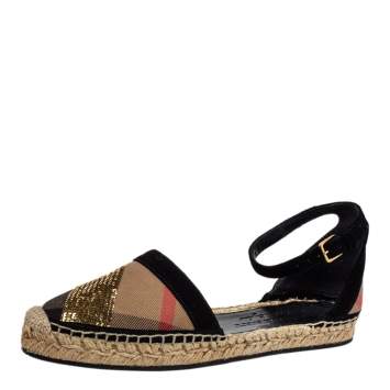 Pre Owned Burberry Beige House Check Canvas And Sequins Abbingdon Espadrille Flats Size 36