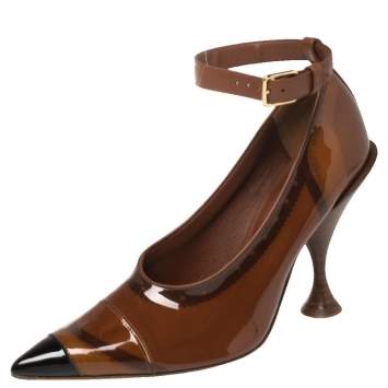 Pre Owned Burberry Brown PVC And Patent Leather Evan Pointed Toe Ankle Strap Pumps Size 39
