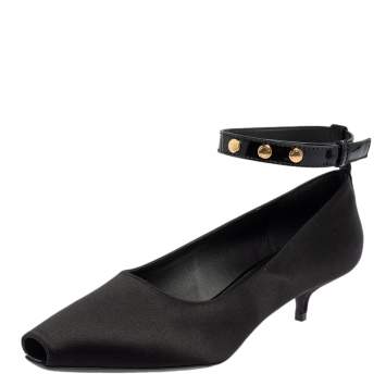 Pre Owned Burberry Black Satin Peep Toe Ankle Strap Pumps Size 38.5