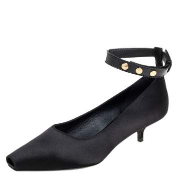 Pre Owned Burberry Black Satin And Patent Leather Kitten Heel Peep Toe Ankle Strap Pumps Size 36.5