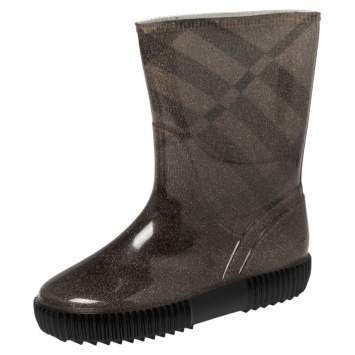 Pre Owned Burberry Grey Check Knit Fabric And PVC Rain Boots Size 35/36