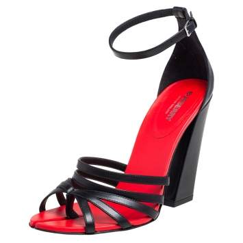 Pre Owned Burberry Black/Red Leather Hove Heel Ankle Strap Sandals Size 39