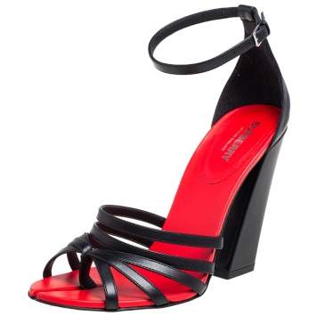 Pre Owned Burberry Black/Red Leather Hove Heel Ankle Strap Sandals Size 40