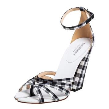 Pre Owned Burberry Black/White Checkered Fabric Hove Heel Ankle Strap Sandals Size 39
