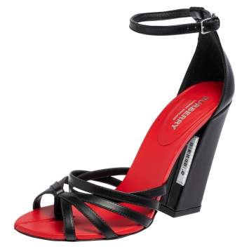 Pre Owned Burberry Black/Red Leather Hove Heel Ankle Strap Sandals Size 38