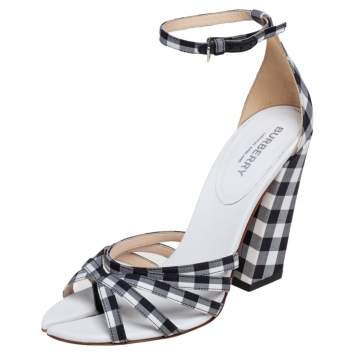 Pre Owned Burberry Black/White Canvas And Leather Ankle Strap Sandals Size 37