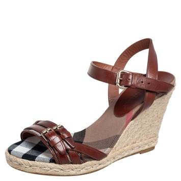Pre Owned  Burberry Brow Leather Buckle Detail Open Toe Espadrille Wedge Sandals Size 37