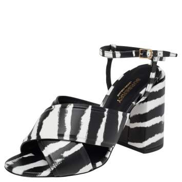 Pre Owned Burberry Black/White Leather Castlebar Ankle Strap Sandals Size 38