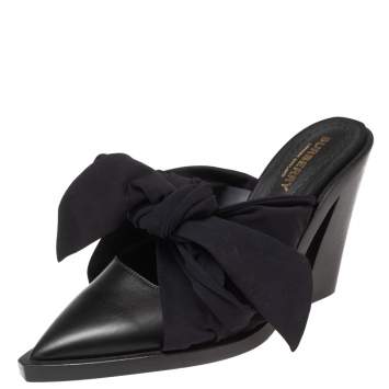 Pre Owned Burberry Black Satin and Leather Tillington Mules Size 37