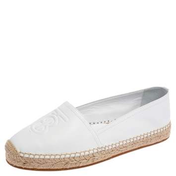 Pre Owned Burberry White Logo Monogram Leather Tabitha Espadrille Flats Size 37