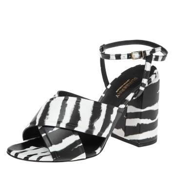 Pre Owned Burberry White/Black  Leather Castlebar Ankle Wrap  Sandals Size 40