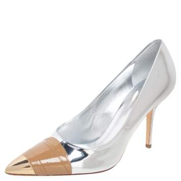 Pre Owned Burberry Silver/Brown Patent Leather Pointed Toe Annalise Pumps Size 40.5