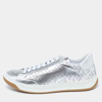 Pre Owned Burberry Metallic Silver Perforated Leather Timsbury Low Top Sneakers Size 42