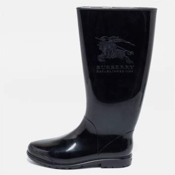 Pre Owned Burberry Black Rubber Equestrian Knight Rain Boots Size 36